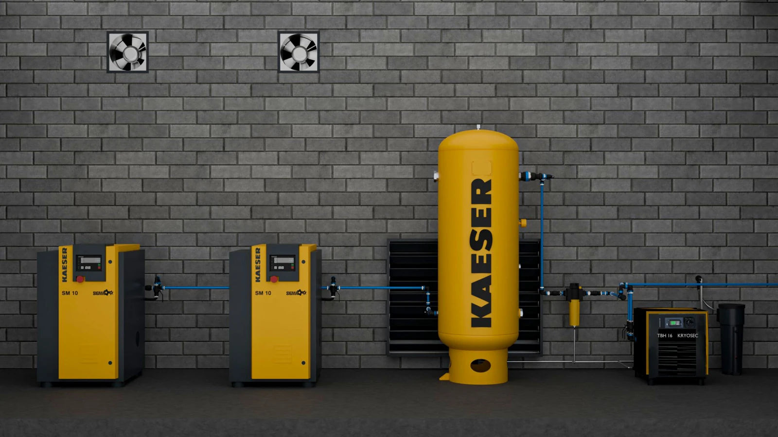 Illustrated KAESER installation with compressors, receiver, dryer, and air distribution piping