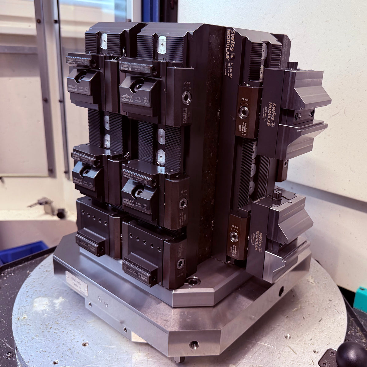 Swiss Modular rails and clamping modules arranged on a tombstone