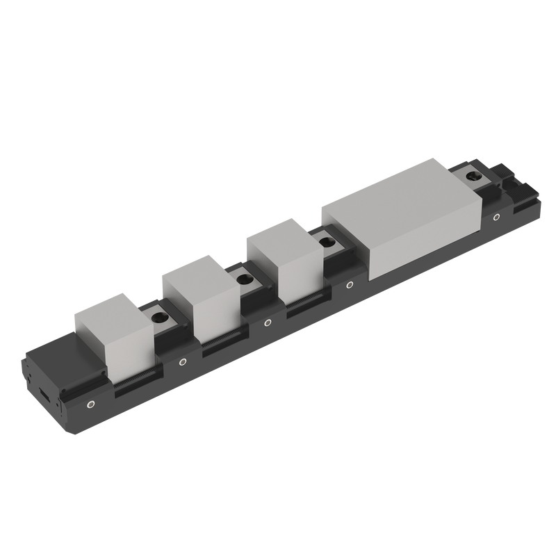 Swiss Modular powerCLAMP rail with multiple clamped workpieces