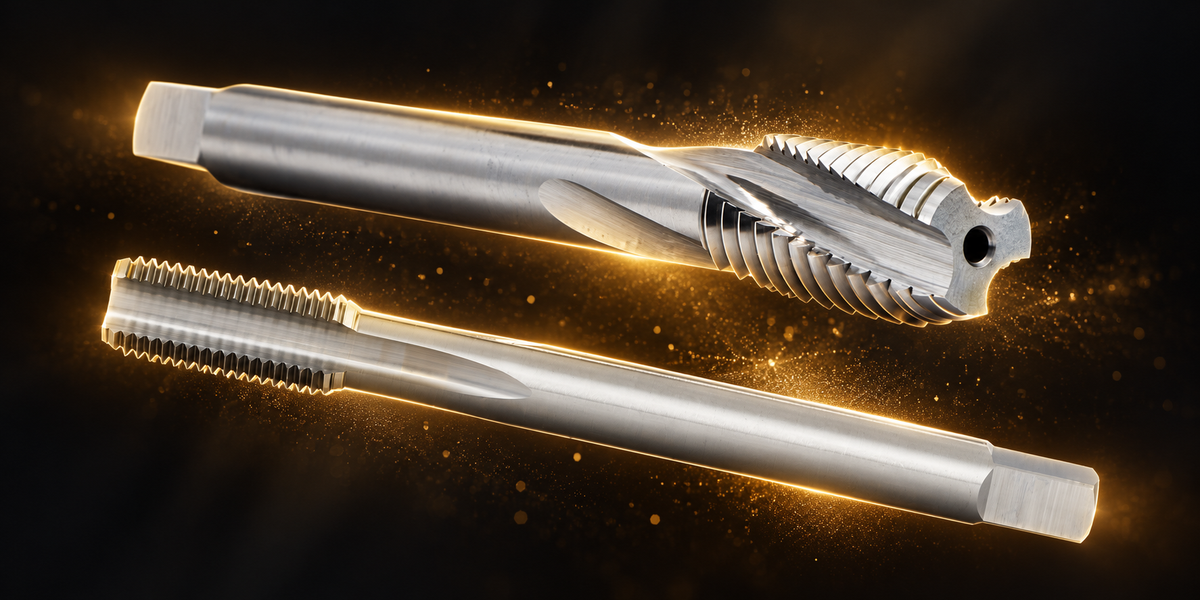 Spiral-flute and straight-flute taps on a black and gold background