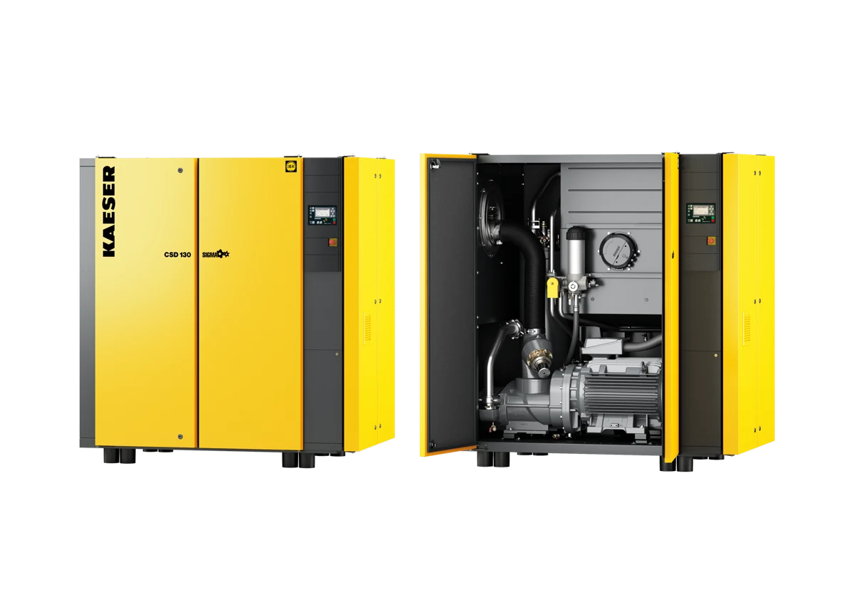 KAESER CSD 130 compressor shown with enclosure closed and open